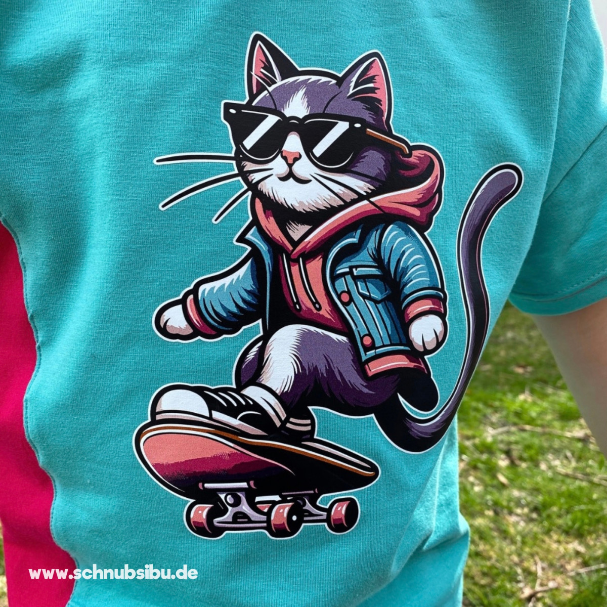 Bügelbild Katze auf Skateboard
